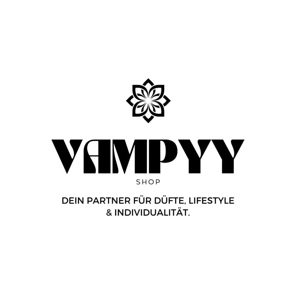 VampyyShop Logo, Schwarzer Text mit Blume, Dein Partner für Düfte, Lifestyle und Individualität